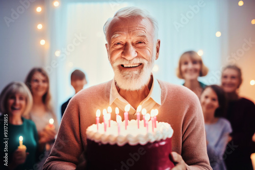 Happy contented satisfied excited laughing elderly man holding birthday cake decorated with glowing candles during celebration party