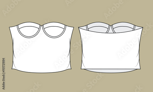 Corset top fashion flat technical drawing template. Front and Back views.