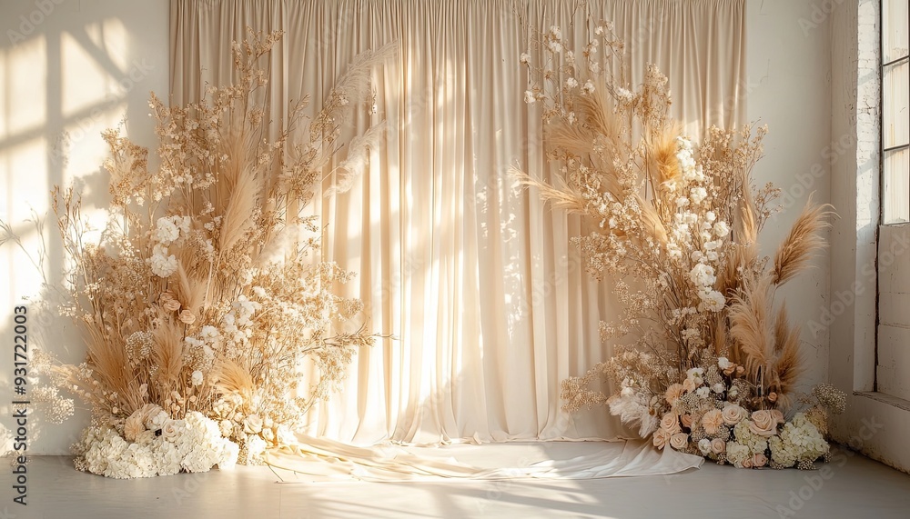 Create a refined boho wedding backdrop featuring textured neutral beige linen fabric. Abstract floral sunlight shadows should add elegance and visual depth Create a refined boho wedding backdrop featuring textured neutral beige linen fabric. Abstract floral sunlight shadows should add elegance and visual depth