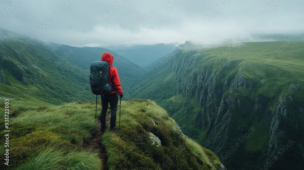 A person with a backpack standing on top of the mountain, AI A person with a backpack standing on top of the mountain, AI