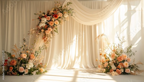 Wallpaper Mural Create a refined boho wedding backdrop featuring textured neutral beige linen fabric. Abstract floral sunlight shadows should add elegance and visual depth Torontodigital.ca