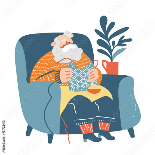 Flat illustration of a white bearded grandpa sitting