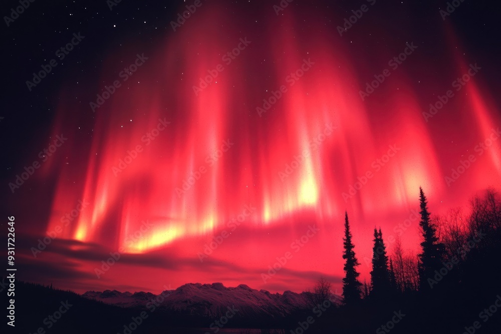 Red Aurora Borealis Display Over Silhouetted Mountains and Trees Red Aurora Borealis Display Over Silhouetted Mountains and Trees
