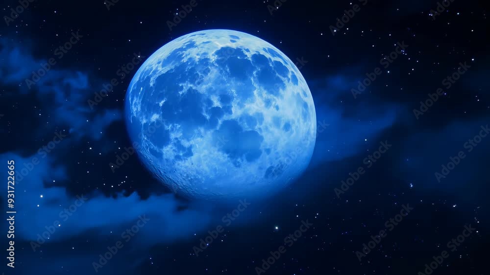 Blue moon among clouds against the background of a starry night sky Blue moon among clouds against the background of a starry night sky