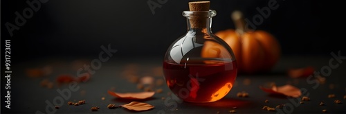 A glowing potion bottle with red liquid, set among autumn leaves and a pumpkin photo