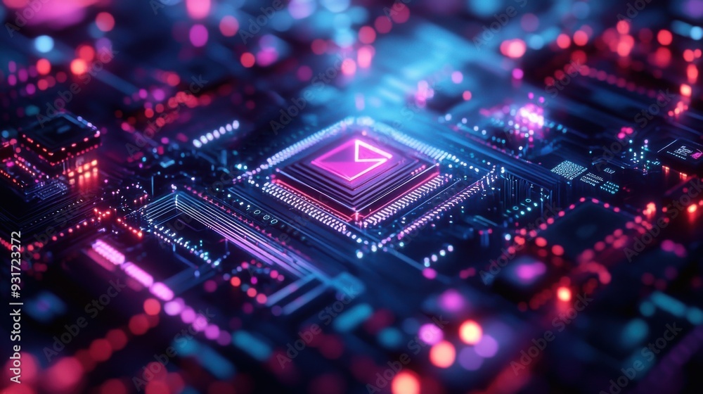 A vibrant, futuristic circuit board with glowing elements and a central symbol, showcasing technology and innovation. A vibrant, futuristic circuit board with glowing elements and a central symbol, showcasing technology and innovation.