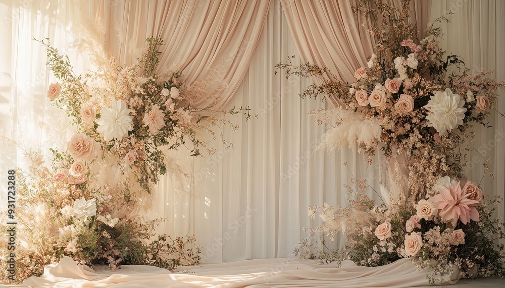 Create a chic boho wedding backdrop with softly draped neutral beige linen. Abstract floral patterns illuminated by sunlight should add a touch of refinement and elegance Create a chic boho wedding backdrop with softly draped neutral beige linen. Abstract floral patterns illuminated by sunlight should add a touch of refinement and elegance
