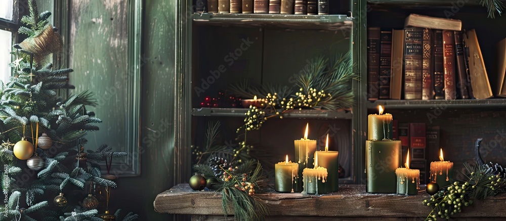 House shaped candle holder Christmas tree and books on a shelf beside a green wall. with copy space image. Place for adding text or design House shaped candle holder Christmas tree and books on a shelf beside a green wall. with copy space image. Place for adding text or design