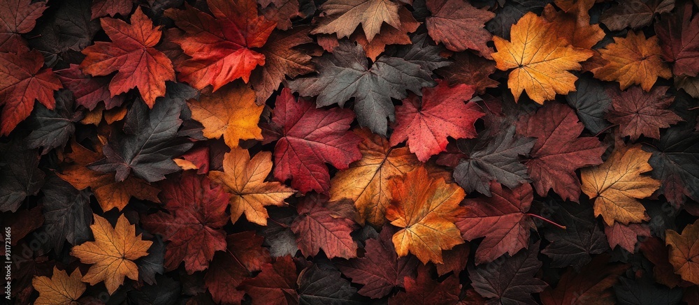 A bright burgundy maple leaf on the ground among fallen leaves Leaves are falling Autumn backdrop Soft focus with a shallow depth of field. with copy space image. Place for adding text or design A bright burgundy maple leaf on the ground among fallen leaves Leaves are falling Autumn backdrop Soft focus with a shallow depth of field. with copy space image. Place for adding text or design