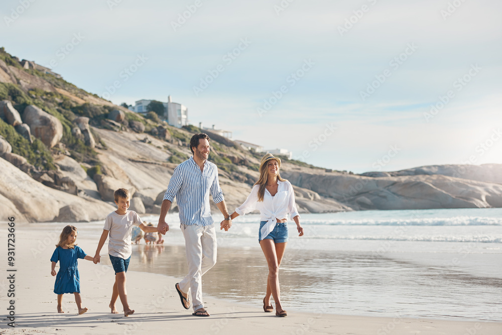 Family, beach and holding hands on summer holiday with travel, love and care together by the sea. Happy, parents and kids in Greece walking by ocean on vacation with wellness, trust and security Family, beach and holding hands on summer holiday with travel, love and care together by the sea. Happy, parents and kids in Greece walking by ocean on vacation with wellness, trust and security