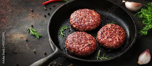 homemade hamburger patty in a skillet pan. with copy space image. Place for adding text or design