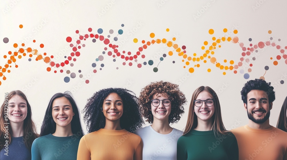 Diverse group of people with dna helix representation, symbolizing genetic diversity and research. Diverse group of people with dna helix representation, symbolizing genetic diversity and research.