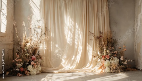 Design a chic boho wedding backdrop with gently draped neutral beige linen fabric. Abstract floral sunlight shadows should add a touch of class and refinement