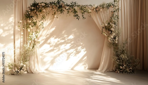 Design a chic boho wedding backdrop with gently draped neutral beige linen fabric. Abstract floral sunlight shadows should add a touch of class and refinement