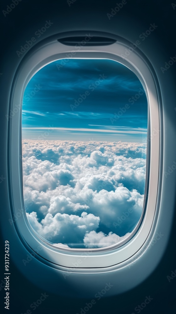 View from airplane window showing clouds and View from airplane window showing clouds and