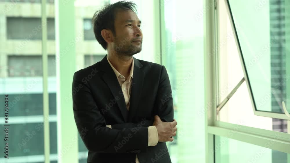 A thoughtful businessman gazing out of a window with a city skyline in the background, symbolizing contemplation, strategic thinking, and future planning. A thoughtful businessman gazing out of a window with a city skyline in the background, symbolizing contemplation, strategic thinking, and future planning.