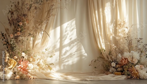 Create a luxurious boho wedding backdrop featuring softly draped neutral beige linen. Abstract floral patterns with delicate sunlight shadows should provide a professional and refined finish