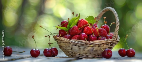 Strawberries and cherries in a basket set against a natural backdrop Fresh organic summer berries. with copy space image. Place for adding text or design
