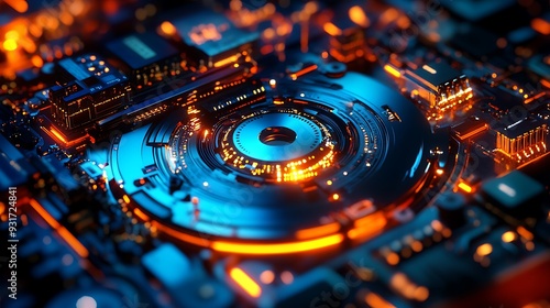 Close-up of a futuristic circuit board with glowing lights and a central spinning disk.