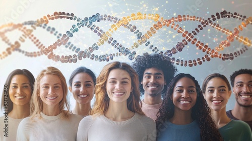 Group of diverse people with dna strands in the background, symbolizing genetic testing and human diversity. photo