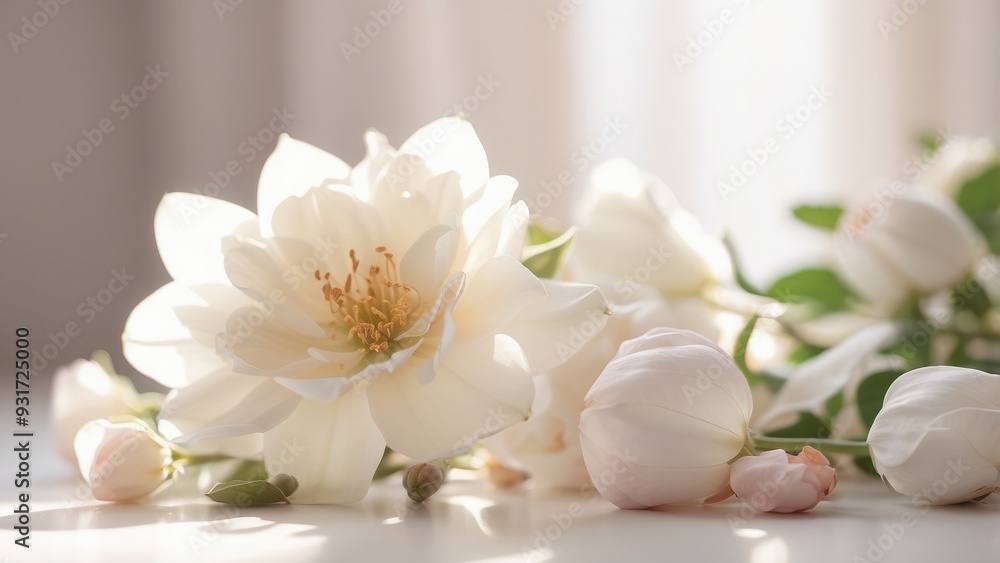 Soft sunlight on a white background, warm and inviting.-