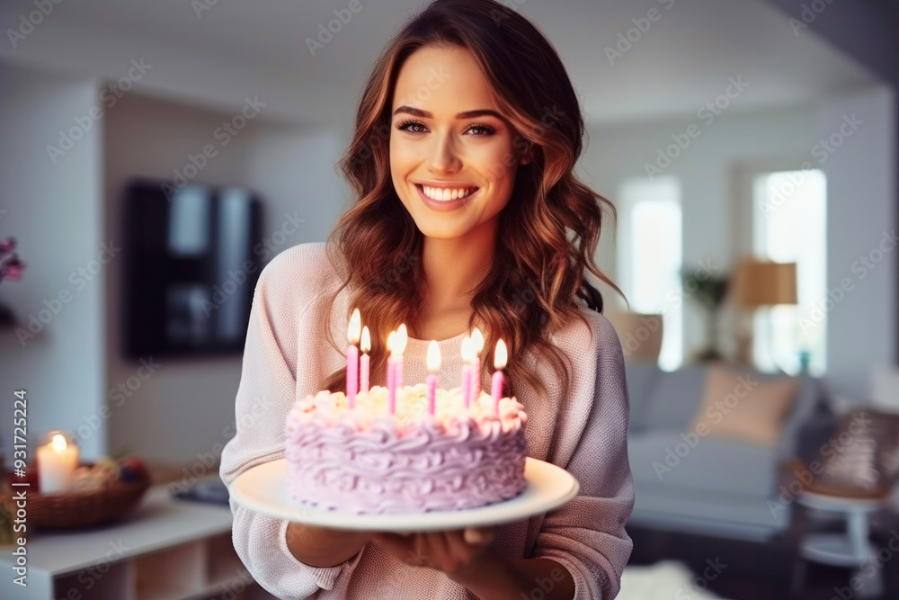 Happy contented satisfied excited laughing young woman holding birthday cake decorated with glowing candles during celebration party Happy contented satisfied excited laughing young woman holding birthday cake decorated with glowing candles during celebration party