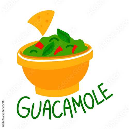 plate of guacamole is a flat vector illustration with an inscription highlighted on a white background. mixture of guacamole sauce with pieces of pepper. nachos is dipped in green sauce. Mexican snack