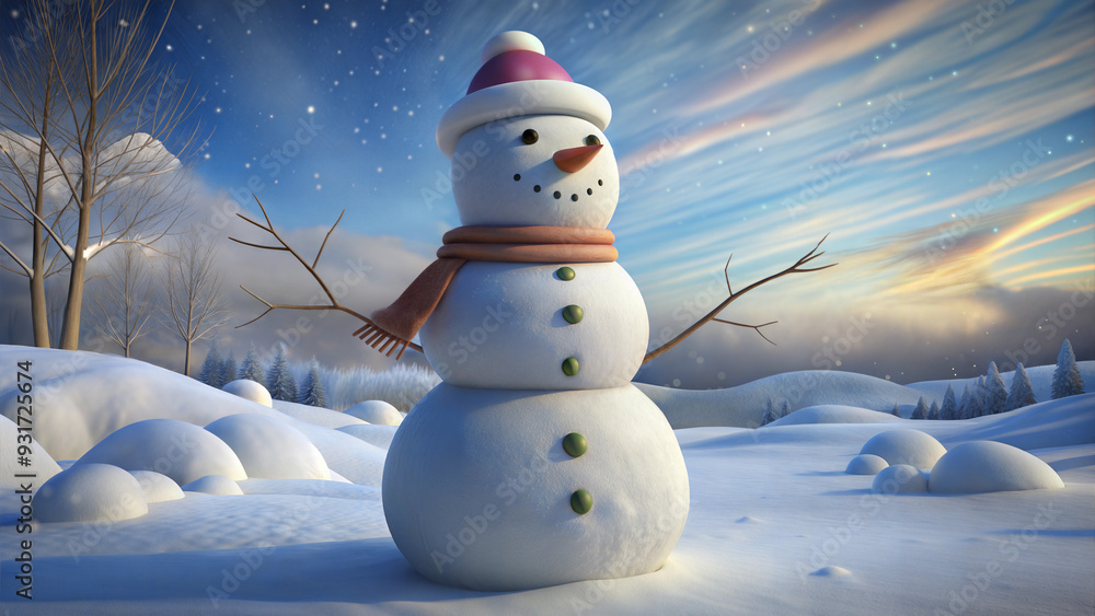 Obraz premium Cheerful snowman in a winter forest, festive and playful, surrounded by snowy trees