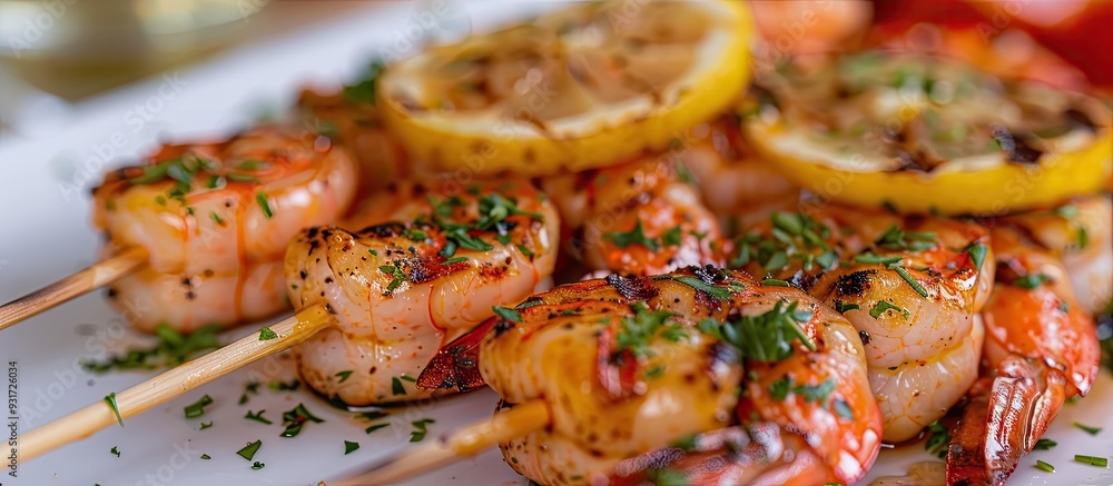 Variation of Grilled Prawns and Salmon with Fresh Lemon Juice. with copy space image. Place for adding text or design Variation of Grilled Prawns and Salmon with Fresh Lemon Juice. with copy space image. Place for adding text or design
