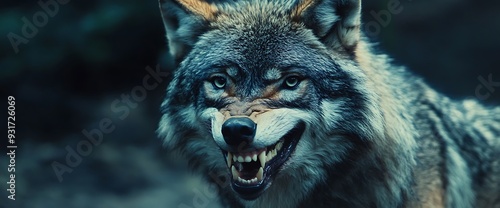 Close-up of a grey wolf snarling with bared teeth in a dark forest.