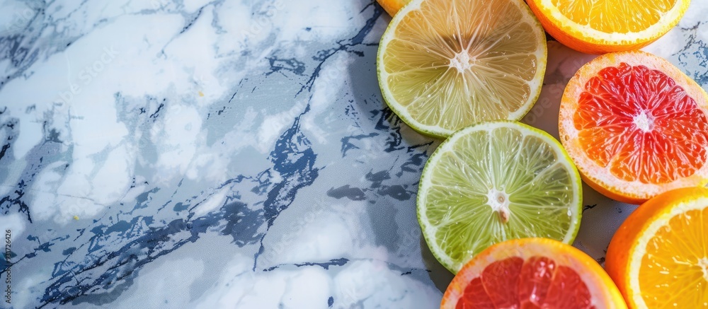 Bright juicy citrus fruits on a white marble background with copy space Slices of grapefruit lime lemon and orange in a square photo