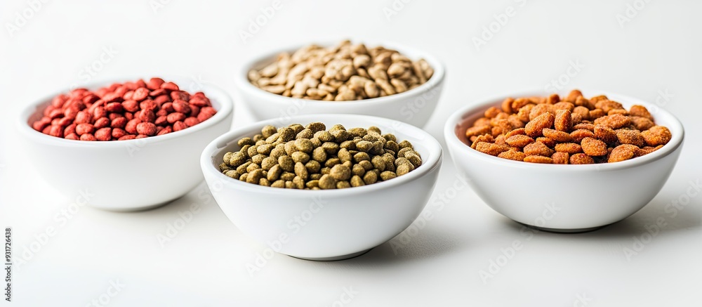 Bowl of pet food and fresh natural ingredients on a white background with copy space High quality meal for your dog Bowl of pet food and fresh natural ingredients on a white background with copy space High quality meal for your dog
