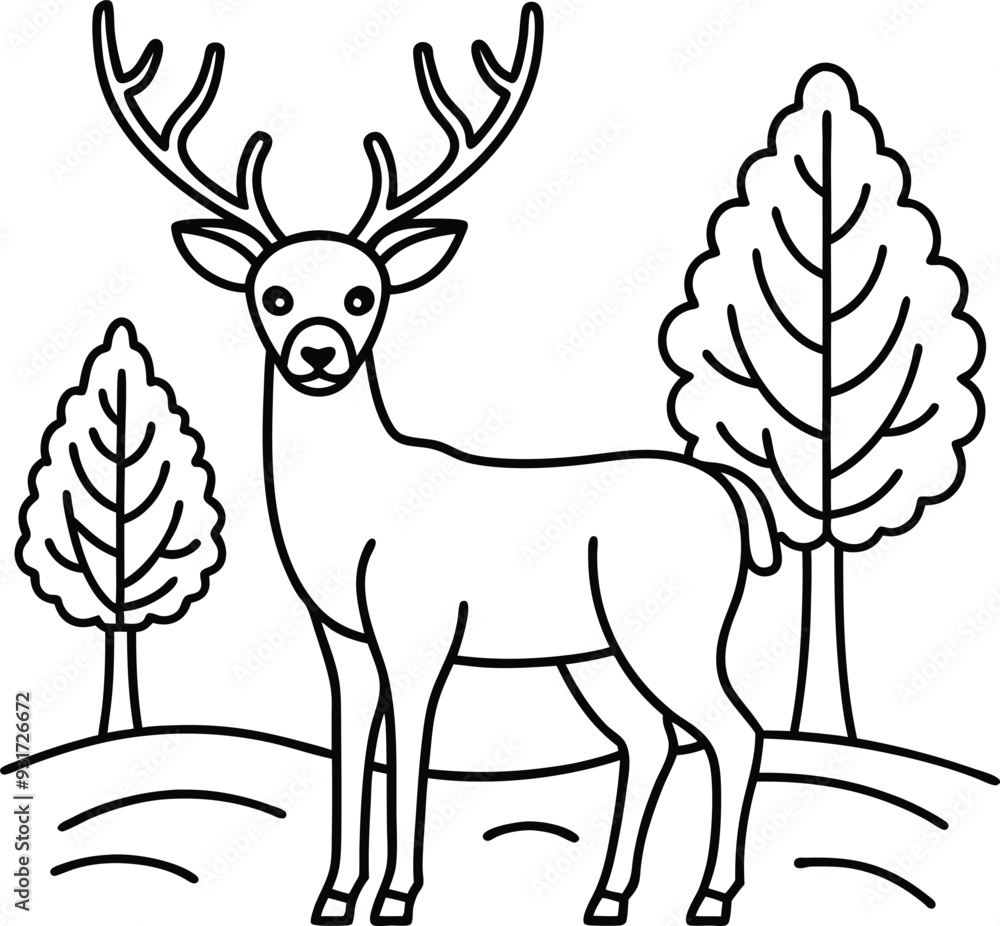 Cute and easy deer coloring page for kids, featuring a sweet black and