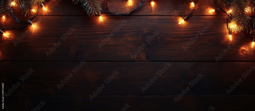 Overhead view of Christmas lights on a dark wooden table. with copy space image. Place for adding text or design Overhead view of Christmas lights on a dark wooden table. with copy space image. Place for adding text or design