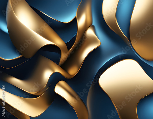 Blue abstract background with golden and black shapes. metal texture steel background 