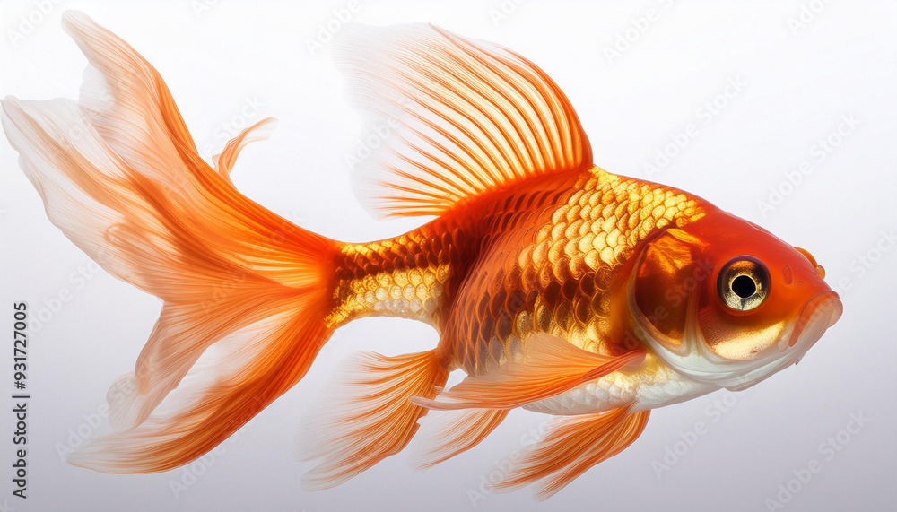 Fototapeta premium An isolated image of a graceful goldfish swimming on a white background, capturing its flowing fins and vibrant colors, ideal for aquarium-themed content or aquatic projects.