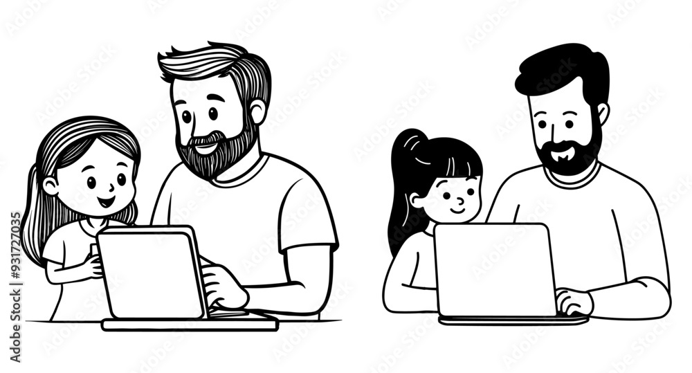 Cute Little Girl with Father Playing or Learning using Laptop Icon Illustration Cute Little Girl with Father Playing or Learning using Laptop Icon Illustration