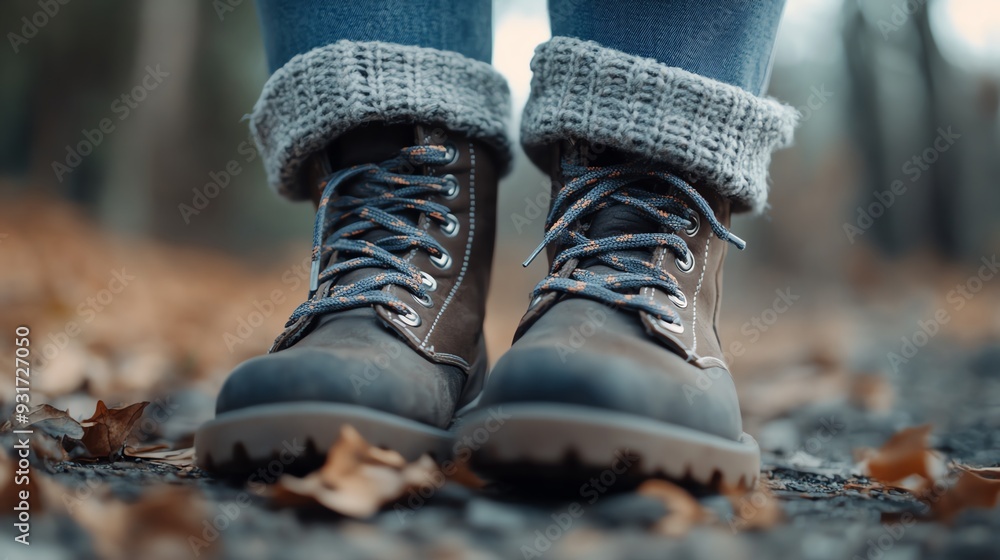 Close-up of rugged boots on a forest path, surrounded by autumn leaves, showcasing outdoor adventure and style. Close-up of rugged boots on a forest path, surrounded by autumn leaves, showcasing outdoor adventure and style.