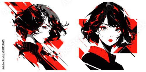 Japanese Modern Steampunk Cyberpunk Girl With Red Lines T-Shirt Print Or Sticker Set
