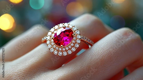 Elegant diamond-encrusted golden ruby r ing in hand. Jewellery