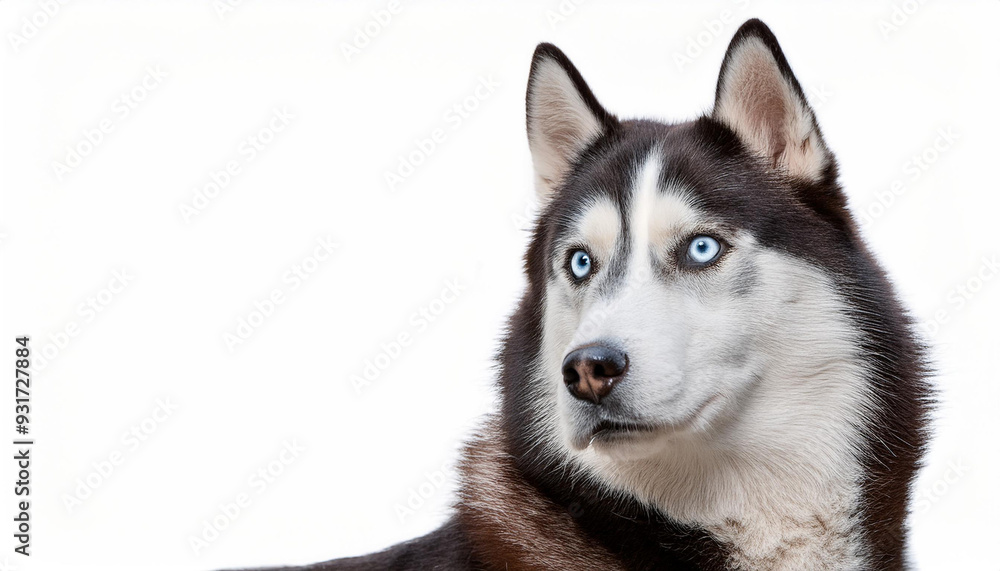 An isolated image of a majestic husky on a white background, with its thick fur and piercing blue eyes, perfect for pet-themed content or winter-related projects. An isolated image of a majestic husky on a white background, with its thick fur and piercing blue eyes, perfect for pet-themed content or winter-related projects.