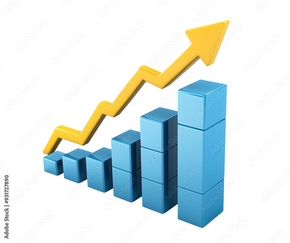 3D blue bar graph with yellow arrow pointing upwards in the style of, isolated on white background 3D blue bar graph with yellow arrow pointing upwards in the style of, isolated on white background