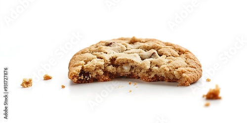 Close up of an half eaten cookie with crumb against a white background photo