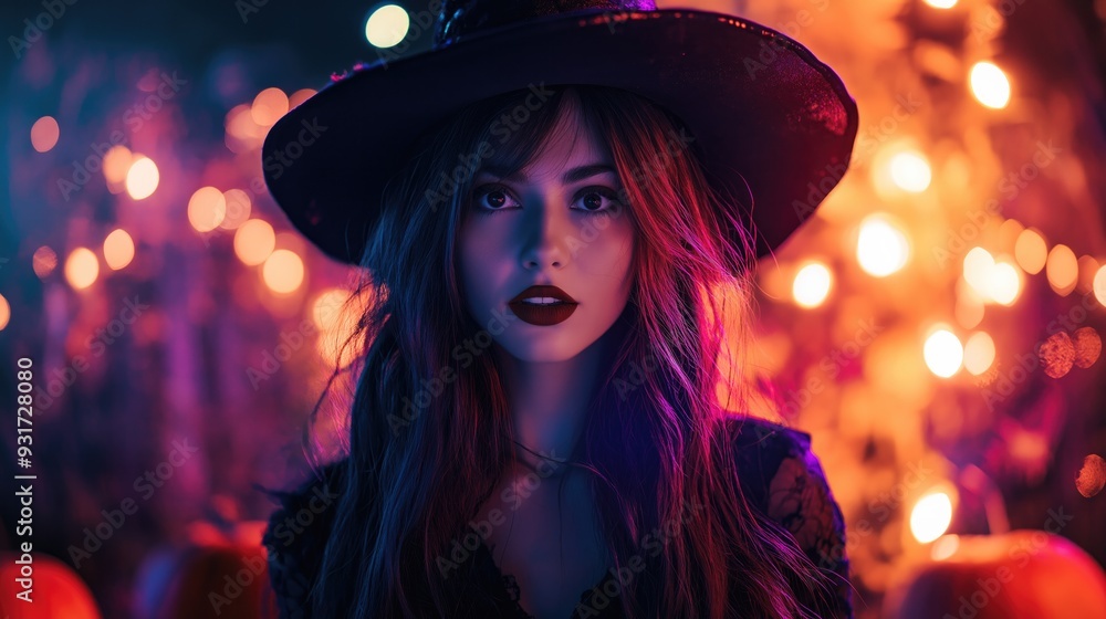 Halloween Portrait of Young Woman in Witch Hat Surrounded by Glowing Lights and Pumpkins Halloween Portrait of Young Woman in Witch Hat Surrounded by Glowing Lights and Pumpkins
