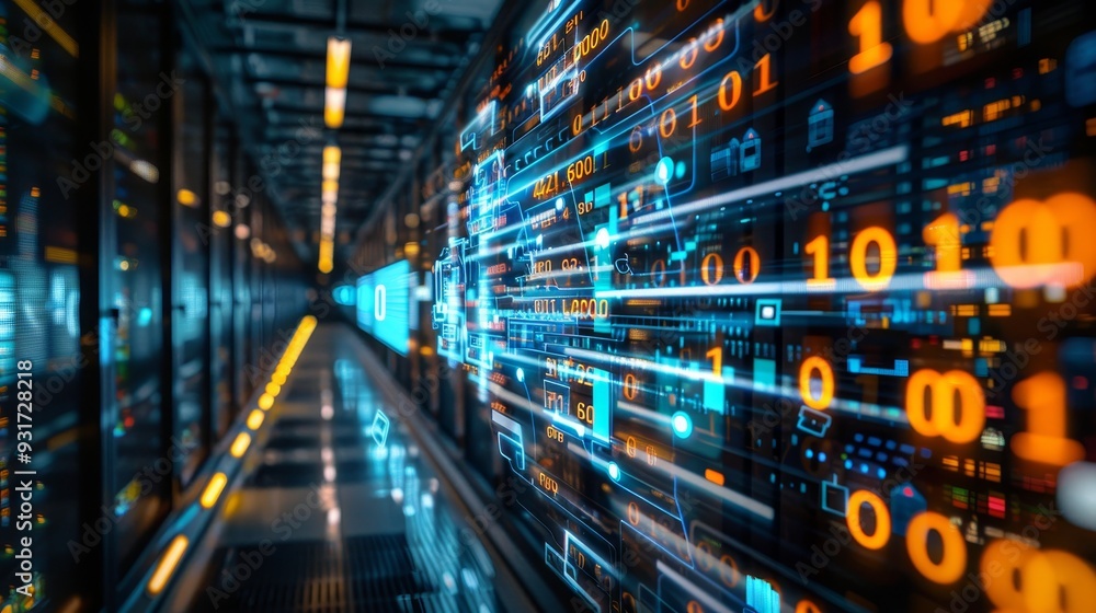 Digital Data Flowing Through Server Room, Cybersecurity, Big Data Concept. Modern Technology. Digital Data Flowing Through Server Room, Cybersecurity, Big Data Concept. Modern Technology.