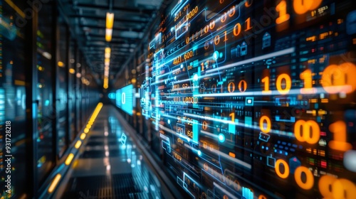 Digital Data Flowing Through Server Room, Cybersecurity, Big Data Concept. Modern Technology.