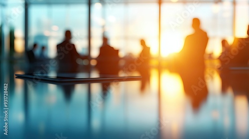 Wallpaper Mural Blurred Background of a Business Conference with Table and Digital Tablet. AI generated illustration Torontodigital.ca