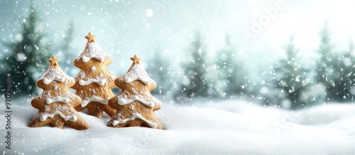 Christmas greeting card featuring homemade gingerbread trees in the snow with copy space for your messages photo