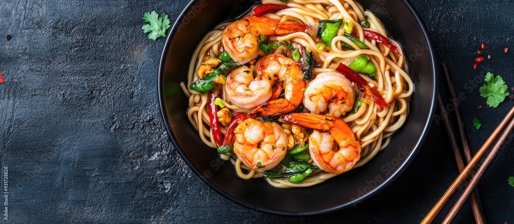 Stir fry featuring udon noodles shrimp prawns and vegetables A healthy Asian meal. with copy space image. Place for adding text or design Stir fry featuring udon noodles shrimp prawns and vegetables A healthy Asian meal. with copy space image. Place for adding text or design