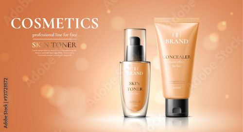 Women cosmetic product template with concealer tube and skin toner bottle package, vector ad poster. Women skincare bottles mockups of skin toner and face imperfection concealer with matte effect